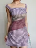 Casual Dresses Beran Retro Cute Young Adult Square Collar Color Matching Plaid Mesh Cinched Slim Looking Vest Dress Short Skirt