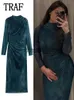 Basic Casual Dresses TRAF Woman Silk Mesh Midi Dress 2023 Autumn Women Long Sleeve Vintage Long Dress Female Elegant Slim Dress J231219