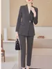 Calças femininas de duas peças elegante calça ternos mulheres manga longa escritório coreano moda 2 peça sólida botão fino outono inverno casacos