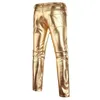 Herrenhose Motorrad PU-Leder Marke Skinny Shiny Gold Silber Schwarz Hose Nachtclub Bühne für Sänger Tänzer 231218