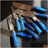 Coltelli da cucina Set di coltelli 10 pezzi Chef professionale giapponese 7Cr17 Acciaio inossidabile Laser Damasco affilato Santoku Maniglia in resina blu Drop Dh7Hn