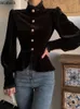 Damesblouses Shirts Woherb Koreaanse Vintage Lantaarnmouwen Blusa Kant Hoge Hals Parelknop Zwart Slanke Elegante Mode Fluwelen Blouse Dames Crop Shirt 231219