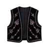 Gilets pour femmes Gilet brodé de velours pour femmes noires courtes sans manches femme recadrée veste vintage gilet automne cardigan