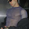 Heren T-shirts Paars Bling Mesh See Through Sex Korte Slim Fit Top Shirts Live Show Dance