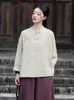 Blusas femininas outono inverno algodão e linho camisa estilo chinês retro botão de manga comprida simples casual topos 2023 blusa