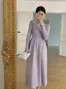 Robes décontractées Automne Hiver 2023 Femmes Light Purple Party Robe Élégante Croix Col V Slim Tricoté Noir Plissé Coréen Bureau Dame