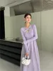 Casual Dresses Autumn Winter 2023 Women Light Purple Party Dress Elegant Cross V-Neck Slim Sticked Black Pleated Korean Office Lady Lady