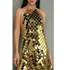 Sıradan Elbiseler 2023 Kadın Gümüş Pullu Kısa Mini Elbise Kadın Seksi Sırtsız Kolsuz Glitter Gold Hatter Lady