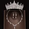 Chains 3 Pcs Luxury Silver Color Crystal Water Drop Bridal Jewelry Set Tiara Crown Necklace Earring Wedding Jewel 231219