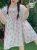 Party Dresses KIMOKOKM Sweet Girly O-Neck Lace Kawaii A-Line Puff Sleeve French Temperament Ruffles Mini Tender White Floral Dress