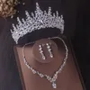 Chains 3 Pcs Luxury Silver Color Crystal Water Drop Bridal Jewelry Set Tiara Crown Necklace Earring Wedding Jewel 231219