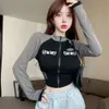 Kobieta dla kobiet shirt y2k vintage T Shirt Women Spring Long Rleeve O Neck Crop Top Korean Fashion High Street Zip Up Tees Streetwear DF4937 231219