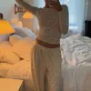 Kvinnors tvåbitar byxor Kvinnor Loungewear Comfy Sleepwear Outfits 2 Pyjama Set Long Sleeve Crop Tops T-shirt och Elastic Wide Leg Nightwear