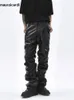 Herrbyxor Mauroicardi Autumn Long Ruched Black Pu Leather Stacked Men Dark Academia Vintage Clothes Steampunk Trousers Streetwear 231218