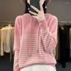 Kadın Sweaters Sonbahar ve Kış Yuvarlak Boyun Çizgili Kalın Kapşonlu Merino Sweater bayanlar Gevşek Uzun kollu örgü kazak