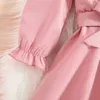 Girl's Dresses Autumn New Dress Kids Girls 4-7 Years Little Girl's Long-Sleeved Dress With Pink Hemline Burned Flower Elegant Princess Dress