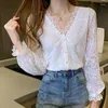 Dames blouses all-match gehaakte holle single-breasted lange mouw kanten shirt