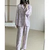 Abbigliamento da donna da donna Donne viola in cotone floreale stampato a petrolio per pigiami maniche lunghe pijama bottl loungewear 2 pezzi set di abiti da casa