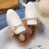 Lady Imitation Rabbit Hair Winter Warm Shoes Short Plush Front Closed Toe Half Slides for Outdoor Leather Metal Chain Slippers 231219