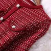 2023 autumn Long Sleeve Crew Neck Red Panelled Button Tweed A-Line ball gown Dress Elegant Casual Dresses