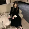 Casual Dresses Spring Korean Mini Princess Dress Ladies Temperament Pearl O Neck Black Velvet Mujer Elegant Pretty Women's