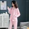 Pijamas femininos primavera e outono fino cardigan doce algodão serviço doméstico terno pode ser usado fora do pijama