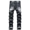 Jeans masculinos estilo punk design homens impressão estiramento magro magro calças cônicas cintura média lavada calças de algodão azul preto