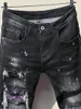 Men's Jeans Slim With Ripped Tassel Holes And Elastic Paint Spray Black Stitching Beggar Pants Men Designer For