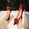 Dress Shoes 2023 Fashion Silk Flower Fine High Heel Bridal Women's Red Champagne Heels Slope Pointed Toe Wedding