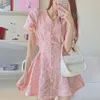 Casual Dresses Kawaii Korean Solid Mini Dress Women French Sexy Ladies Party V-neck Short Sleeve Sweet Holiday Dew Waist 2023