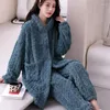 Kvinnors sömnkläder förtjockad korallfleece varm mantel pyjamas set vinter flanell huva pyjama häll femme lös hemkläder lounge
