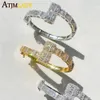 Link Chain Gold Silver Color Opened Square Zircon Charm Armband Iced Out Bling Baguette Cz Bangle For Men Women Luxury Jewelry256T