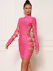 Sukienki swobodne kobiety zima seksowna długie rękawie pusta muszka Pink Bodycon mini bandage sukienka 2023 Elegancka wieczorna impreza celebrytów