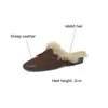 Winter Sheep Leather Rabbit Hair Mules Shoes for Women Round Low Chunky Heel Cover Toe Slippers 231219