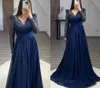 Ny ankomst Navy Blue Evening Pageant Dress 2024 Glitter paljett Långärmar V-ringning Chiffon Prom Party Formella klänningar Vestidos de Feast Robe de Soiree