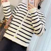 Women's Sweaters White Black Striped Short Korean Fashion Sweater Elegant Long Sleeve Top Spring