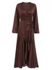 Casual Dresses Elegant Brown Asymmetrical Wrap For Women Sexy Satin Lantern Sleeve Dress 2023 Lace Up Midi High Waist Autumn