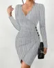 Casual Dresses Elegant Slim Office Dress Solid Sexy V-Neck Slit Knitted For Women Autumn Winter Package Hip Long Sleeve Bodycon
