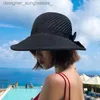 Visors Women Summer Big Wide Brim Str Hat Female UV Protect Ponytail Beach Sun Hats Hollow Top Foldable Ribbon Bows Ladies Panama CL231219