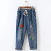 Jeans kvinnor blyertsbyxor sträcker hög midja mager broderi jeans utan rippade kvinna blommor hål denim byxor byxor kvinnor jeans