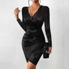 Casual Dresses Evening Party Mini Dress For Pretty Women Sexy Deep V Long Sleeve Ruched Hip 2024 Luxury Chic Bright BodyCon