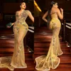 Luxuoso Aso Ebi Vestidos de baile de ouro transparente com mangas compridas Sereia Vestido formal de noite para mulheres negras Meninas Vestidos de festa de aniversário Segundo vestido de recepção NL052