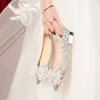 Dress Shoes Crystal Butterfly knot Flat Wedding Slip Women Shiny Gold Silver Bridal Beaded Heels Med 3cm 5cm 231219