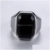 Bagues de bande 2021 Élégant Mens Chevalière Pinky Bague Or et Argent Tons En Acier Inoxydable Pierre Noire Anel Mascino Mâle Accessoire 226O Drop Dhjpb