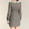 Casual Kleider 2023 Herbst/Winter Spitze Oansatz Perlen A-Line Kleid Langarm Elegante Frauen Grau Wolle Mini Marke mode Koreanische
