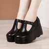 Dress Shoes 8cm Small Size 32-43 Thick Bottom Shallow Platform Wedges T Strap Pumps 2023 Fall High Heels Women Office Mom Dance