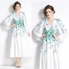 Puff Sleeve Party Printed Dress Robe Woman Designer Vacation V-Neck High Waist Elegant Fit Ruched Boho Maxi Dresses 2024 Spring Fall Chic Runway Slim A-Line Ballgown