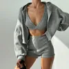 Two Piece Dress Solid Color Knied Zippered Hooded Cardigan Sweaer V-neck RiangulaR Cup Ches HigH Waised Igh ShorS Casual Hree
