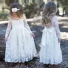 Girl's Dresses Girl Sweet Flower for Age 2-12 Baby Kids Princess Darkblue Wedding Party Full-Length Prom Dress Big Bow Long Sleeved Lace Dress