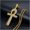 Hanger Kettingen Heren Egyptische Ankh Kruis Hanger Met 14K Geel Gouden Ketting En Iced Out Bling Fl Strass Ketting Hip Hop Egypte Dhvzq